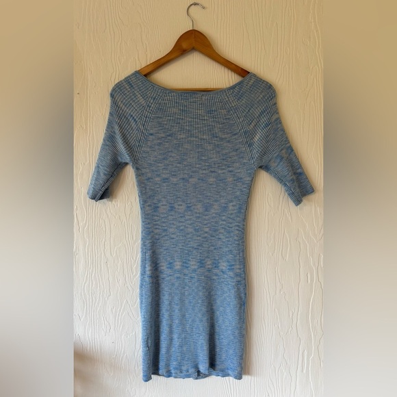 LPA Blue Knit Woven Ribbed Bodycon Tie Front Short Sleeved Scoop Neck Mini Dress - Picture 9 of 15